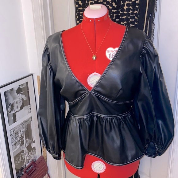 Staud Luna Vegan Leather Peplum Top - Picture 2 of 15